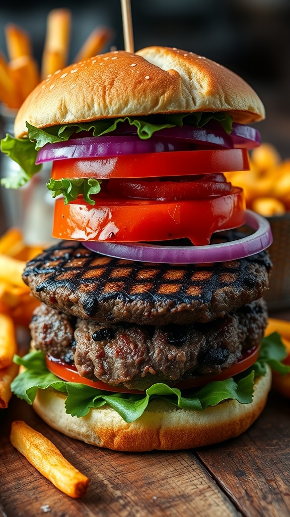 A delicious grilled beef burger with fresh toppings and crispy fries on a wooden table.